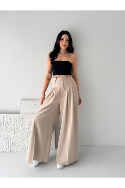 02Lady Fashion Wide Leg Zippered High Waist Lace-Up Pleated Palazzo Pants