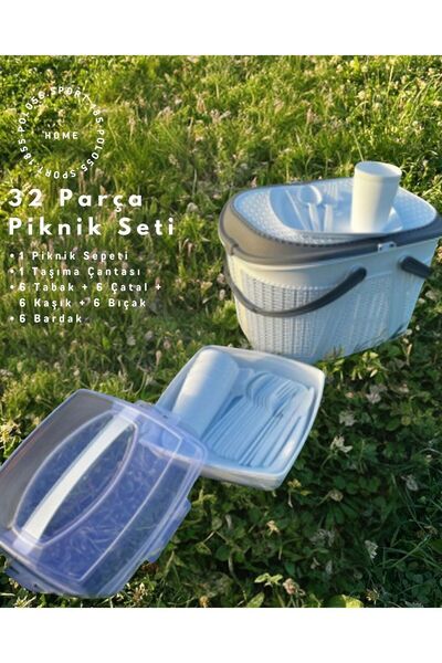 handanca Home 32 Parça Piknik Seti Sepet Çantalı Bardak, Çatal, Kaşık,bıçak,t...