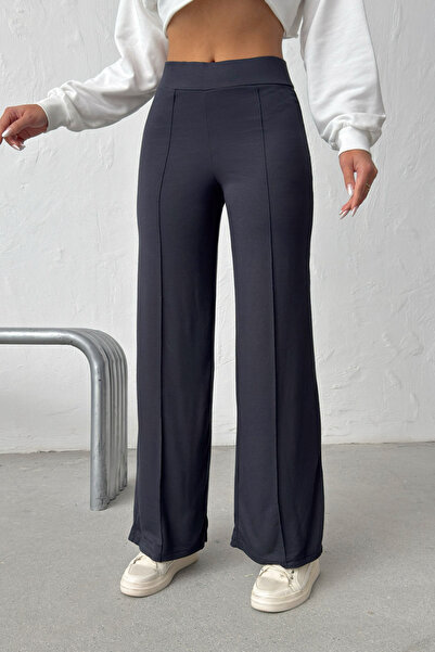 NEW JOURNAL Γυναικείο παντελόνι ανθρακί με ψηλή μέση και ραφές μπροστά, φαρδι...