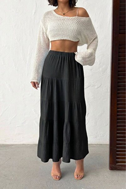 NEW JOURNAL Γυναικεία μαύρη μίντι φούστα μουσελίνα με ελαστική μέση NJ132