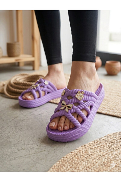 Babetty Γυναικείες πλεκτές καλοκαιρινές παντόφλες με λουράκια και πέτρινη λεπ...