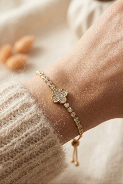 Elika Silver Women's Zircon Stone Flower Model Adjustable Gold Bracelet