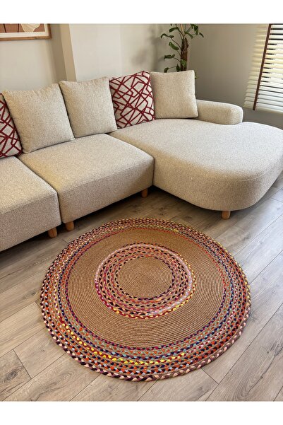 MaVaux Στρογγυλό χαλί από γιούτα με σχέδιο Bohemian Festival |   Πολύχρωμο έθ...