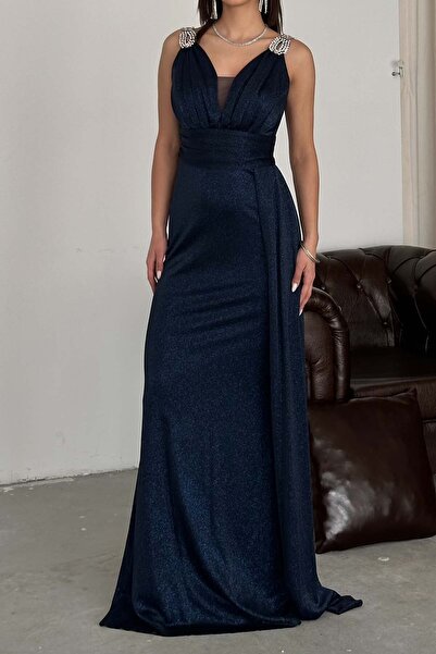 XXL BUTİK Γυναικείο βραδινό φόρεμα σε μπλε ναυτικό χρώμα με γκλίτερ από ύφασμ...