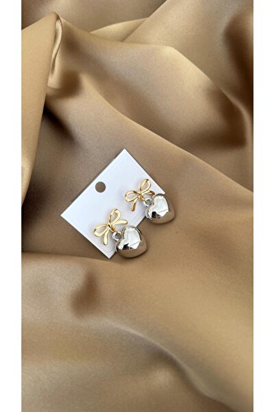 MonCheriAccessoire Gümüş Renk Kalp ve Gold Kurdele Detaylı Küpe