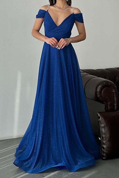 XXL BUTİK Γυναικείο βραδινό φόρεμα Saks Blue Sparkling με λεπτομέρεια στους ώ...