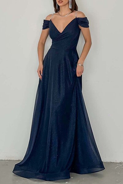 XXL BUTİK Γυναικείο βραδινό φόρεμα μεγάλου μεγέθους σε σκούρο μπλε χρώμα με λ...