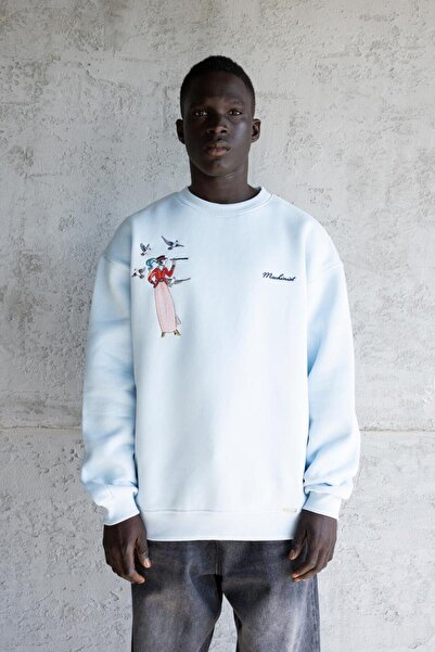 Machinist Men's Figure Embroidered Embroidered Sweatshirt Light Blue