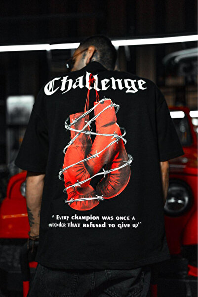 -ERKEK Oversize Challenge Baskılı Tişört Arkası Baskılı Streetwear %100 Pamuk