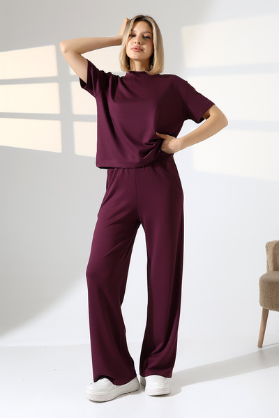 ModaPlaza Women's Soft Textured Short Sleeve T-Shirt Wide Leg Pants Bottom To...