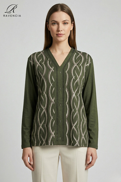 Ravencia Γυναικεία μπλούζα με λαιμόκοψη V, με σχέδιο ρίγες, εμπριμέ με γκλίτε...
