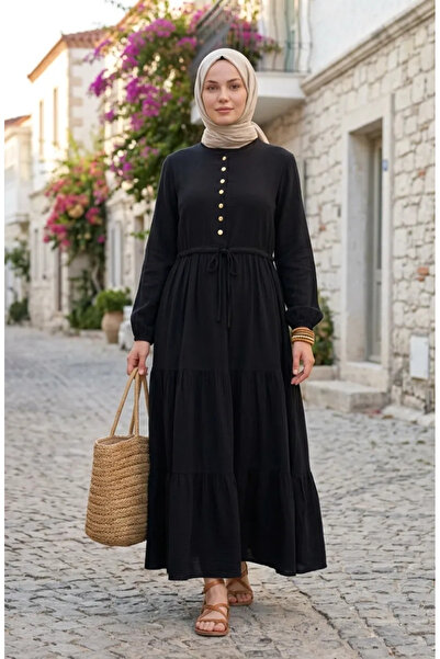 sefamerve Φόρεμα χιτζάμπ μουσελίνας με κουμπιά και στρώσεις 2249-03 Μαύρο