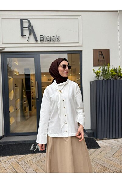 Babil Butik 2601-3016 Broş Detay Kadın Tunik Beyaz