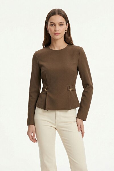 Rays Καφέ μπλούζα με λαιμόκοψη ποδηλάτου, μακρύ μανίκι και κουμπιά 8492A