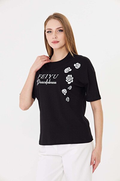 Sortie Women's Feiyu Peacefulness Rose Printed Comfortable Fit Basic T-Shirt