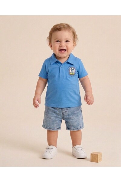 voyyo kids baby Baby Boy Summer Set with Denim Shorts and Stylish Printed Pol...