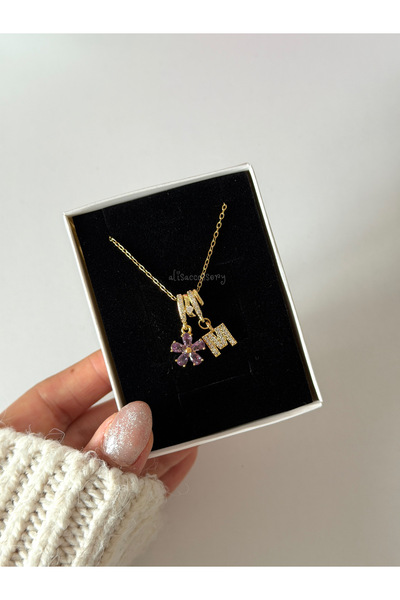 Alis Accessory Harfli mor çiçek kolye