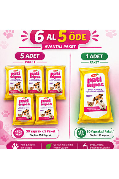 Flexi Pati Evcil Hayvan Temizleme Mendili 6 Al 5 Öde Avantaj Paket 30 Yaprak ...
