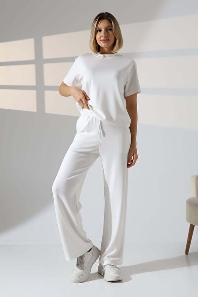 ModaPlaza Women's Soft Textured Short Sleeve T-Shirt Wide Leg Pants Bottom To...