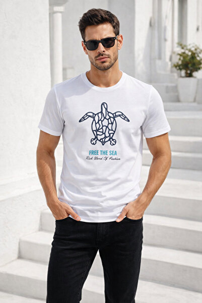 Rich Ανδρικό βαμβακερό λευκό μπλουζάκι με στάμπα και λαιμόκοψη ποδηλάτου