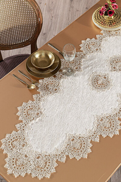 EvienHome Βελούδινο Δαντελωτό Χαλάκι Δαντέλας Γκλεν Κρεμ (60Χ150 εκ.)