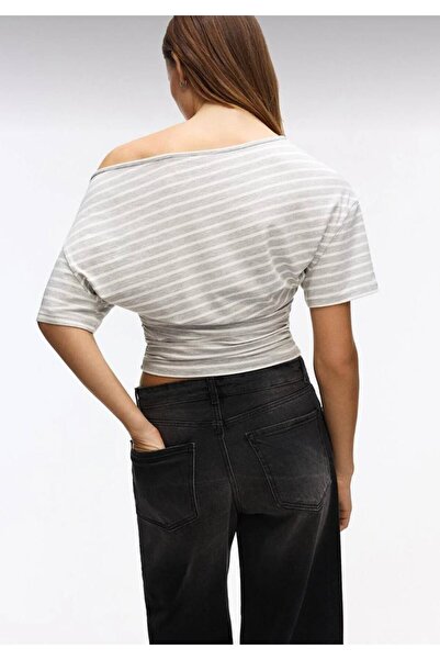 Olbia Women's Gray Striped Boat Neck Gathered Asymmetrical Blouse