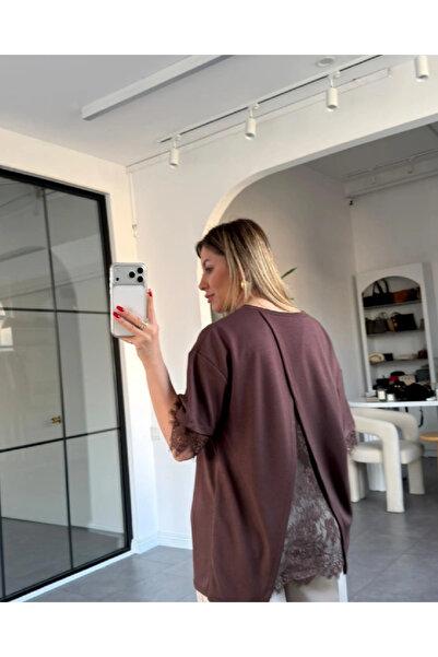 khar Γυναικείο μπλουζάκι με δαντέλα στην πλάτη, λεπτομερή λαιμόκοψη, απλό, βα...