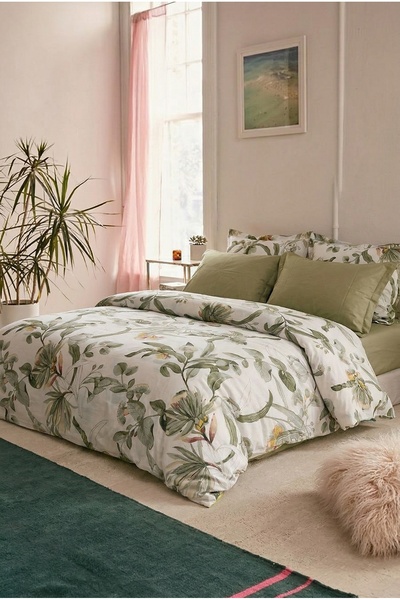 NESCO Yeşil Çiçek Pamuk King Size 220x240 Nevresim Takımı | 180x200x30 Lastikli Adaçayı Çarşaf + 4 Yastık