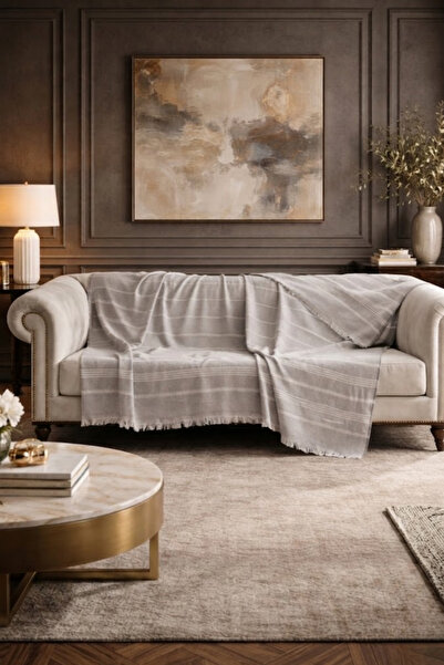 ALAS Γκρι κάλυμμα καναπέ με φούντες Madrid - Διακοσμητικό κάλυμμα καναπέ