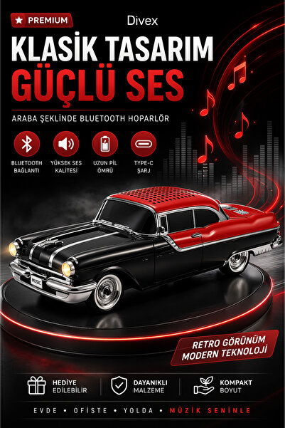Divex Retro Araba Tasarımlı Bluetooth Hoparlör – LED Işıklı, Güçlü Ses, Şarjl...