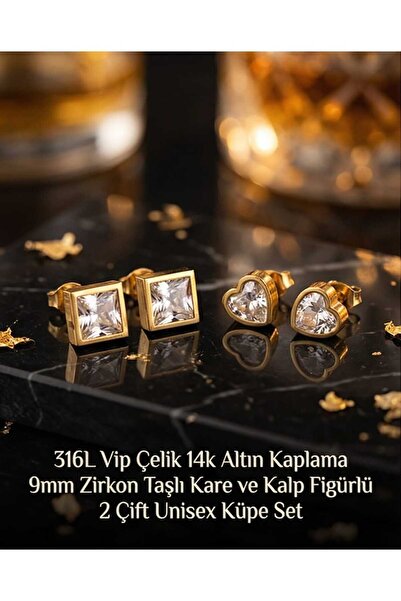 Öte Beri 316L Çelik Altın Kaplama Zirkon 9 mm Kalp Kare Küpe 2 Çift Unisex Pa...