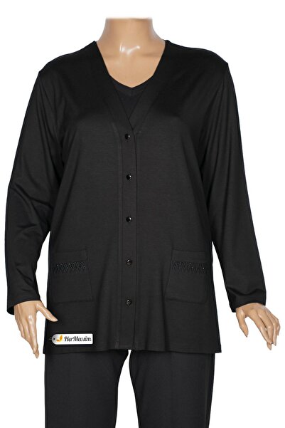 Hermevsim Hesna Women's Uğur Large Size Black Jacket with Pockets and Full Bu...
