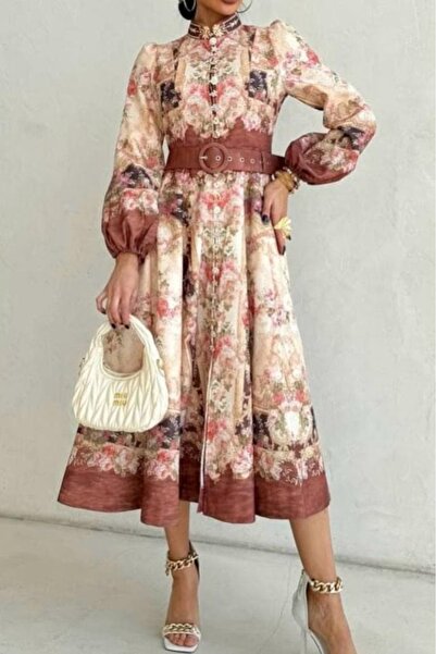 Pulli Collection Βίντατζ φόρεμα ζίμερ μίντι με λουλουδάτο σχέδιο και ζώνη