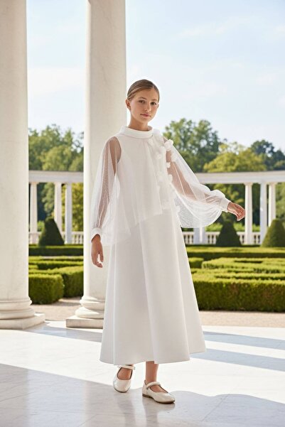 SIRRI Girl's Ecru Long Evening Dress with Removable Tulle Detail, Ages 9-14