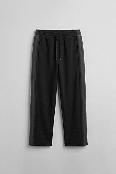 ablukaonline Men's Baggy Fit Side Stripe Ribbed Sweatpants Black