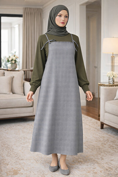 ELMODA Women's Gray Plaid Fabric Gilet Dress with Adjustable Strap