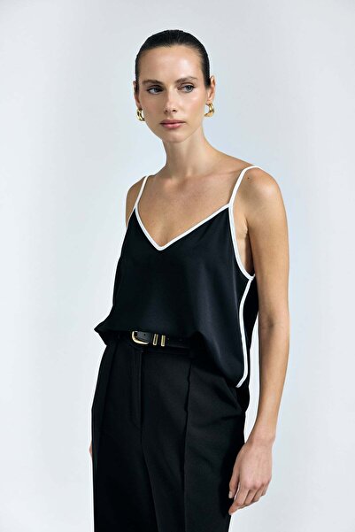 Sateen Μπλούζα με τιράντες σε αντίθεση - Μαύρο