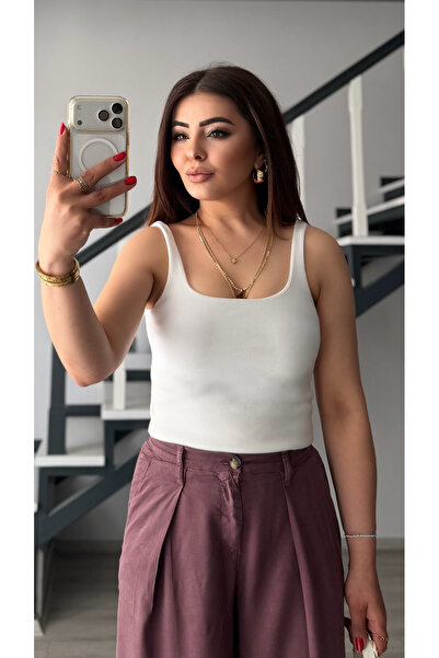 Oslove White square neck ribbed tank top