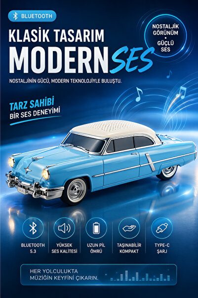 Divex Klasik Araba Tasarımlı Bluetooth Hoparlör – 10W Güçlü Ses, LED Far Işık...