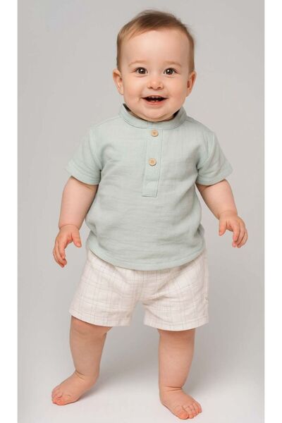 Bistyle 2li Takım Şortlu Müslin Turttelly Cool Mint-Ekru