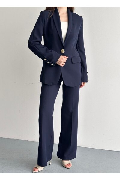 moda çağdaş Σετ παντελονιού με χρυσά κουμπιά και μπλέιζερ premium κοπής