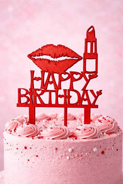 LİYA3D Kırmızı Dudak & Ruj Figürlü Happy Birthday Pasta Süsü | Doğum Günü Pas...
