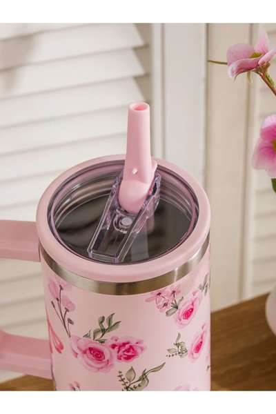 LC Waikiki Lcw Accessories Mixed Flower and Bow Patterned Thermos Mug with Ha...