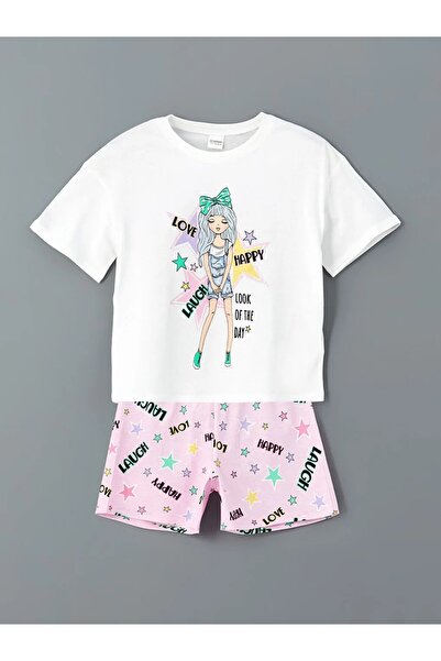 LC Waikiki LCW Kids Beyaz Bisiklet Yaka Kız Çocuk Şortlu Pijama Takımı