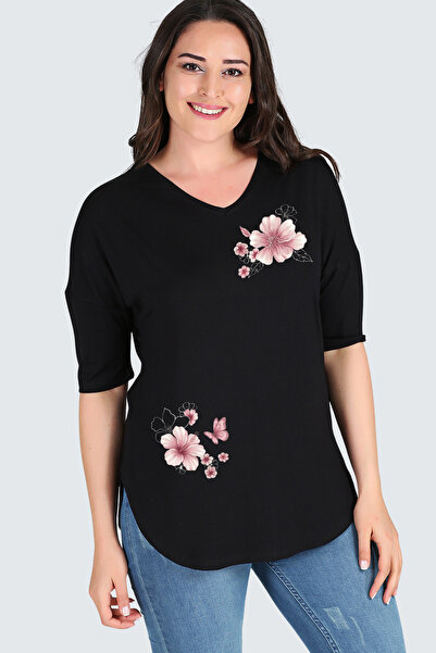 Curvy Trend Μπλούζα μεγάλου μεγέθους με στάμπα λουλουδιών ιβίσκου και μισό μα...