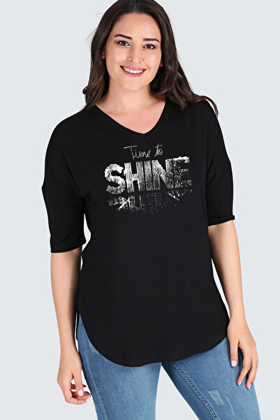 Curvy Trend Μπλούζα μεγάλου μεγέθους με στάμπα Shine και μισό μανίκι με σκίσι...