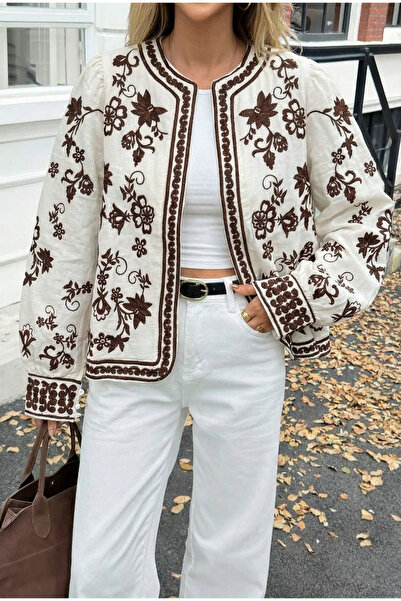 FEMELLE Γυναικείο λινό μπουφάν με καφέ κεντητό επένδυση και επένδυση