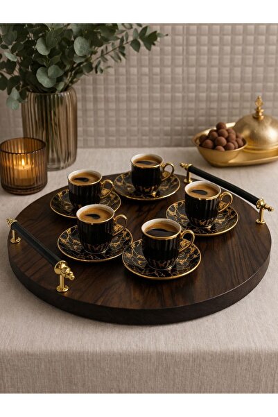 minimalwood 35 cm Yuvarlak Ahşap Servis Tepsisi Siyah Gold Kulplu Sunum Tepsisi