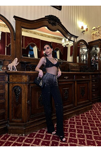 D'RECCY Γυναικείο τζιν παντελόνι με στρας, γυαλιστερό τζιν