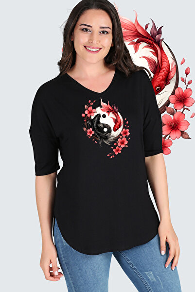 Curvy Trend Μπλούζα μεγάλου μεγέθους Ying Yang Koi Sakura με στάμπα και μισό ...